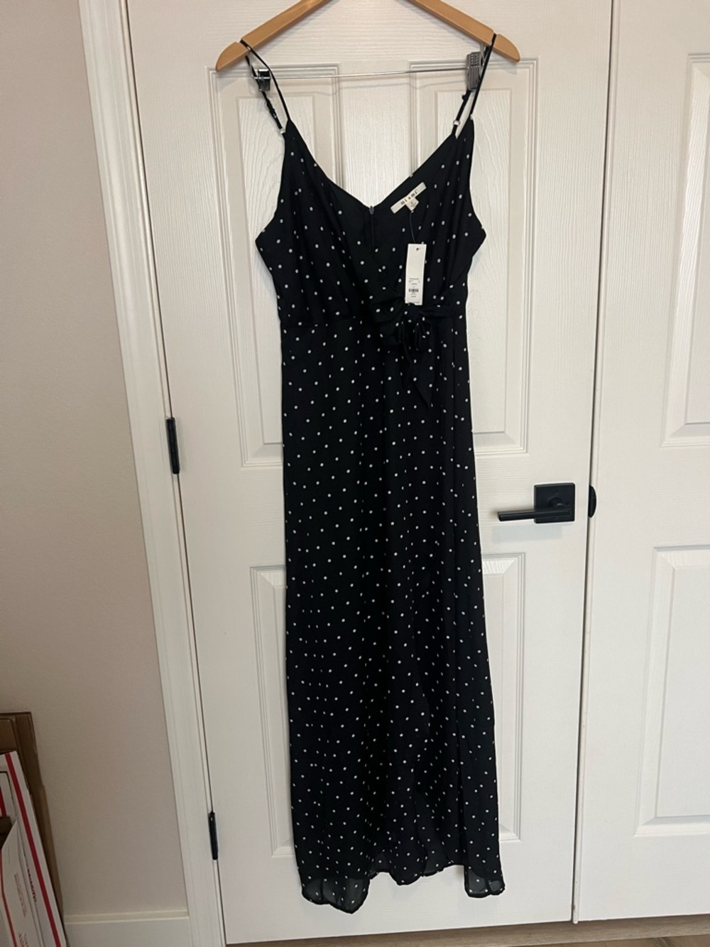 NWT Miami Black Lightweight Maxi Wrap Dress w/ Spaghetti Straps White Polka Dots